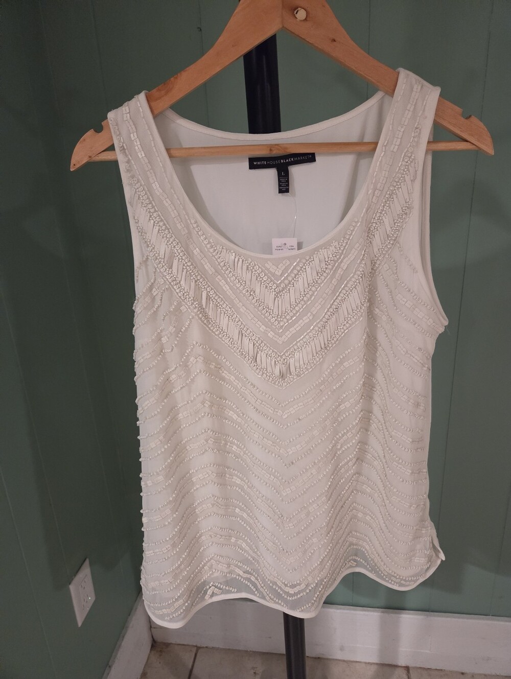 NWT White House Black Market Ivory Beaded Scoop Neck Camisole, LG, Festive